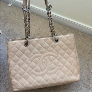 Chanel GST Grand Shopping Tote Beige Caviar Leather Shoulder Bag